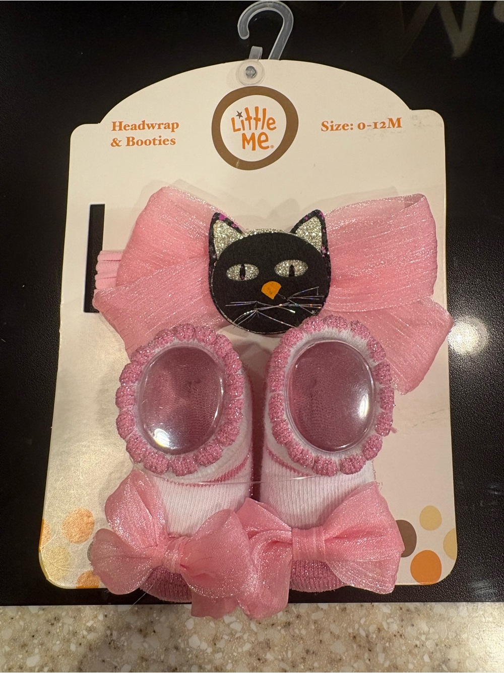 Little Me Pink Baby Headwrap & Booties Set with Cat Accent
